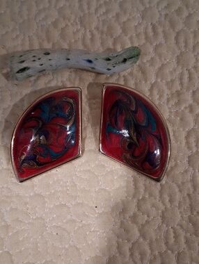 Red Swirl Enamel Pierced Fan  Earrings